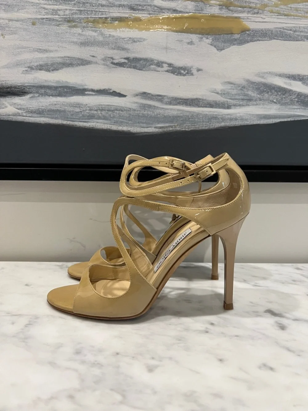 Jimmy Choo Beige Patent Leather Strappy High-Heel Sandals - Picture 3 of 10